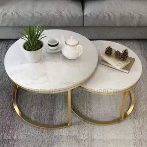 Luxury Marble Top Coffee Table Pair With Golden Circular Frames