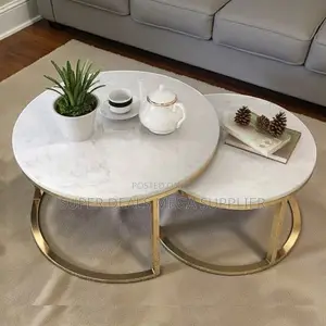 Stylish Round Coffee Table Duo With Marble Finish and Gold Frame