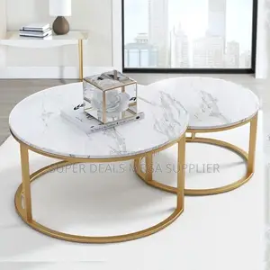 Modern Living Room Marble Coffee Table Pair With Gold Accents