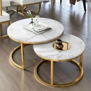 Sleek Nesting Marble Coffee Table Pair With Gold Metal Stand