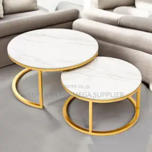 White Marble Top Coffee Table Duo With Stunning Gold Structure