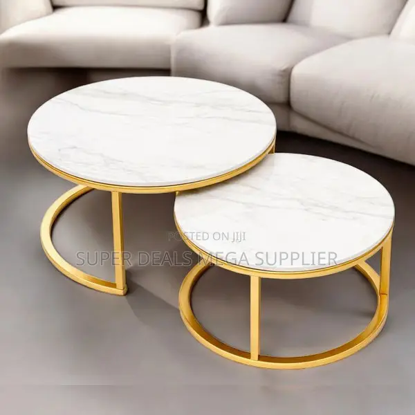 Elegant Gold Frame 2 Piece Marble Top Round Nesting Coffee Table