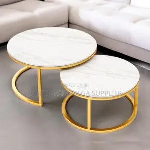Stylish Compact 2 Piece Marble Top Round Nesting Coffee Tables
