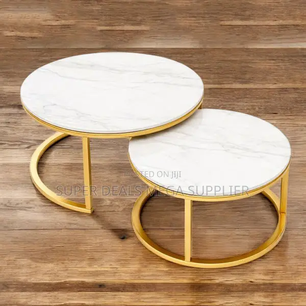 Chic White Marble Compact Round Nesting Coffee Table Pair