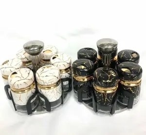 7pcs Marble Rotating Spice Jars White and Black Marble Color