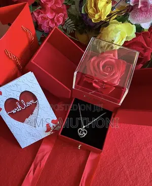 Preserved Red Rose Gift Box With a Heart Pendant Necklace.