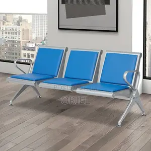 Modern Office Waiting Chair : Blue Leather Padded 3seater Office Bench