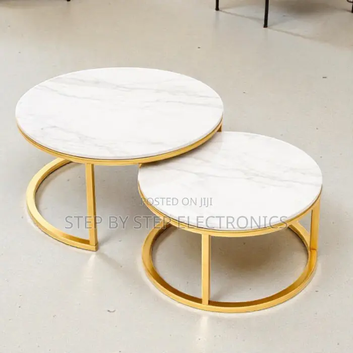 Elegant Round Marble Nesting Coffee Tables With Gold Metal Frame