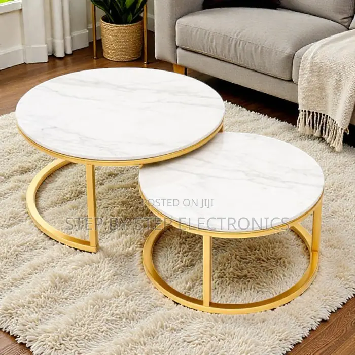 Luxury White Marble Nesting Coffee Table Set With Gold Metal Frame