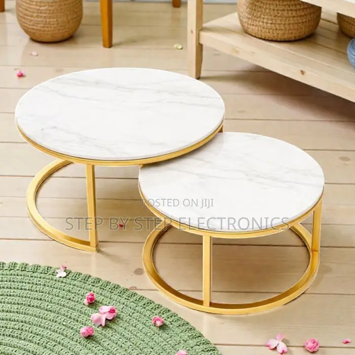 Chic White Marble Nesting Coffee Table Set With Gold Frame Design