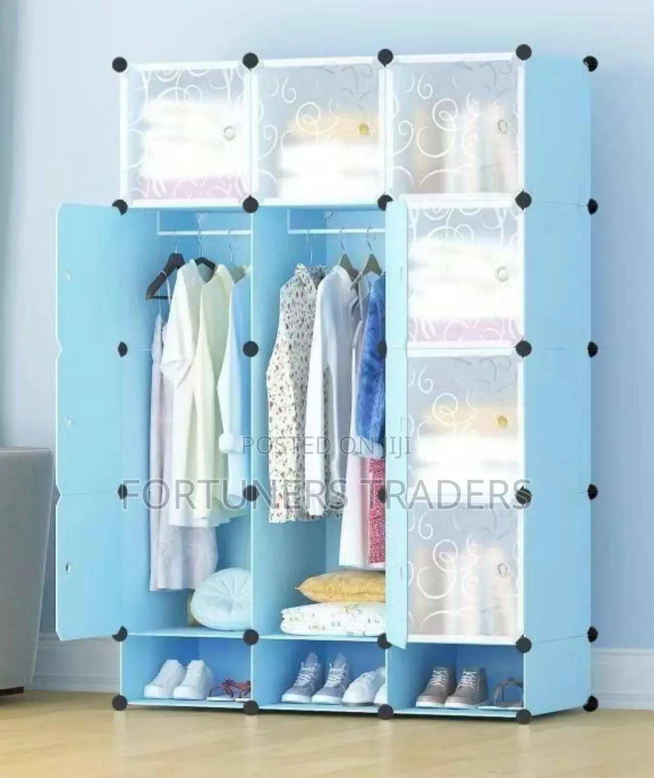 3 Column Portable Plastic Wardrobe-Blue