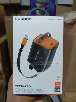 Porodo 30w Gan Charger With Usb-C Retractable Cable