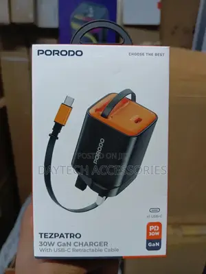 Porodo 30w Charger With Usb-C Retractable Cable