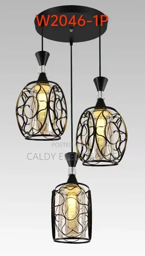 Black Metal and Glass Three-Light Pendant Fixture