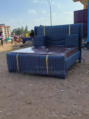 5x6 Dark Blue Chester Bed + 2 Side Boxes + Mattress - Pay on Delivery