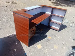 Modern Reception Counter Desk With Shelves – White Walnut Finish