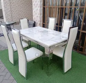 Dining Tables; 6-Seater Marble Top Dining Table Set for Modern Homes