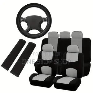Grey Black Car Seat Covers Cloth Universal Fit+Steering Wheel Cover