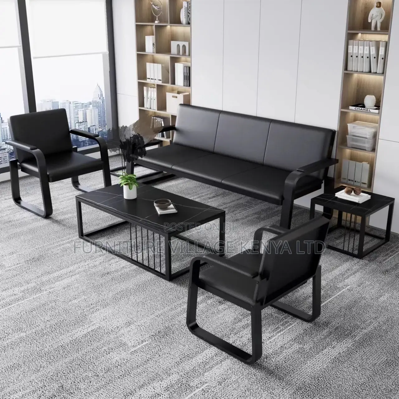 Office Sofa; Black 5-seater Office Sofa Set