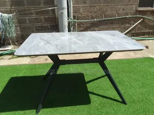 Modern Marble-Top Dining Table With Black Metal Legs – 6 Seater