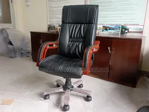Executive High-Back Leather Office Chair With Wooden Armrests