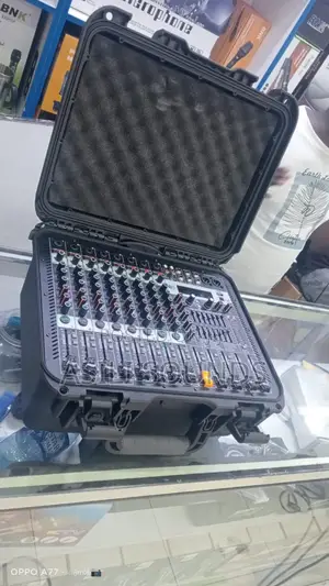 8-Channel Professional Powered Mixer Housed in a Protective Case.