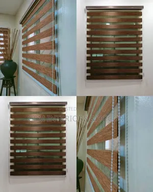 Dark Brown Horizontal Blinds in Office and Kitchen