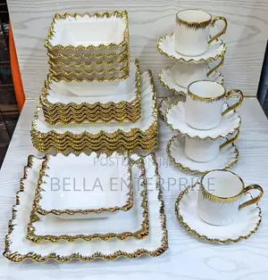 *30pcs Ceramic Squared Dinner Set With Gold Rim Now Available:-