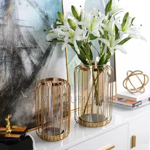 Decorative Golden Glass Flower Vase With a Metalic Stand