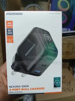 The Porodo Nexora 100w 3-Port Wall Charger With an LCD Display.