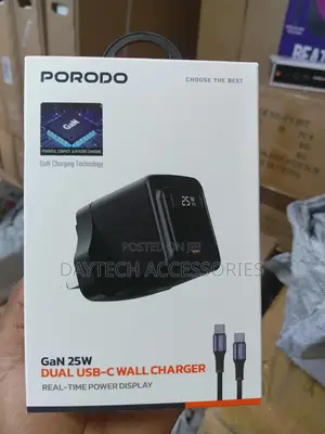 Porodo Gan Wall Charger With Dual Usb-C Ports 25w Power Delivery,