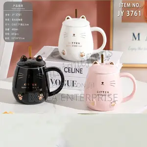 Cute Kitty Ceramic Coffee Mugs With Stainless Steel Spoon Each at 600