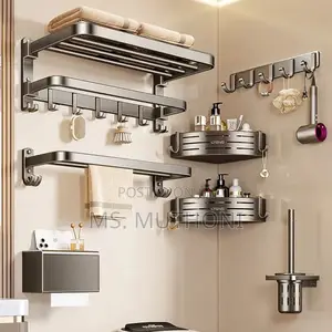 7-Piece Black Multifunctional Bath Towel Storage Rack Set.