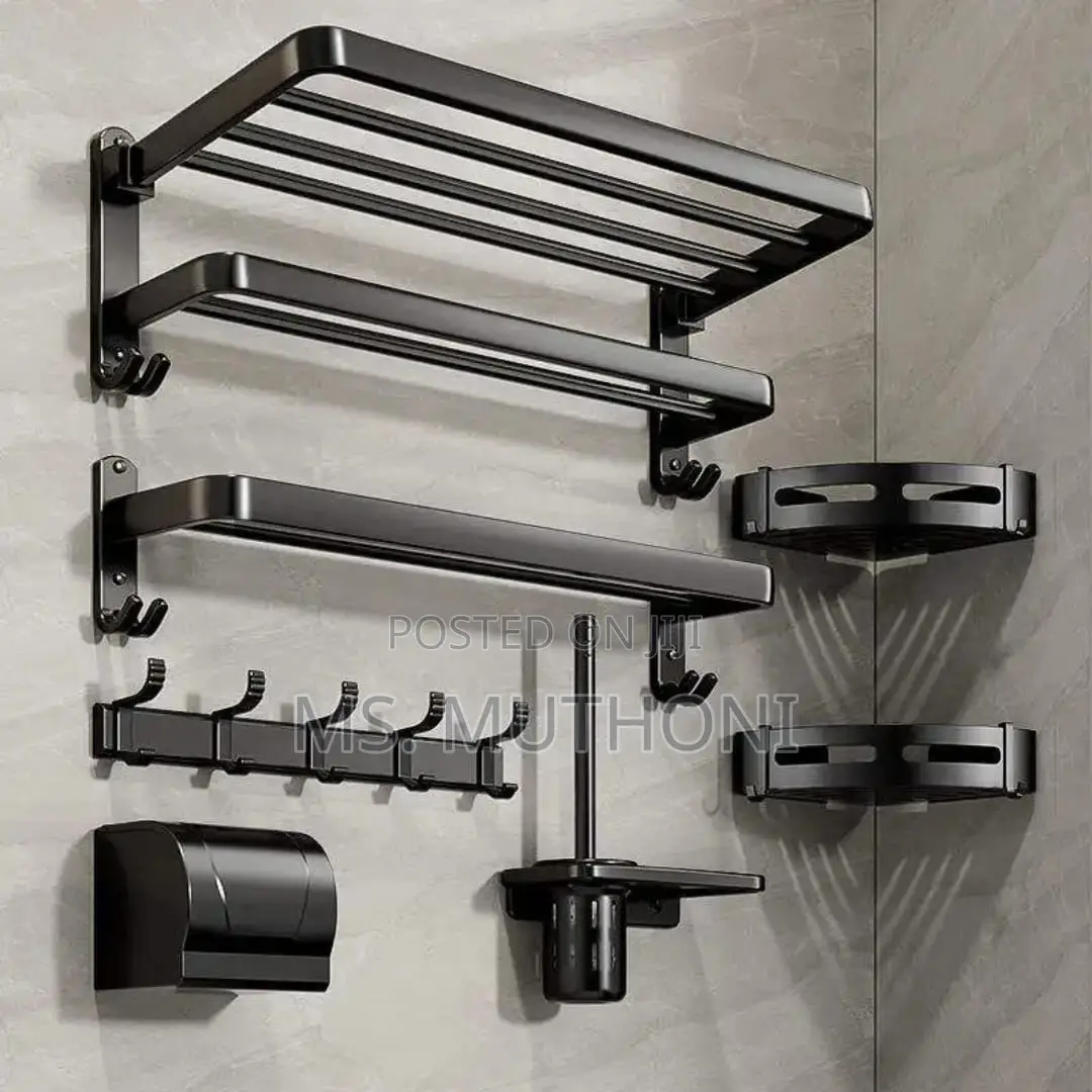 7-Piece Black Multifunctional Bath Towel Storage Rack Set.