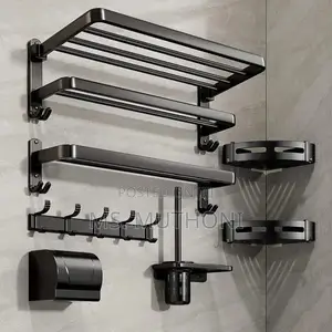 7-Piece Black Multifunctional Bath Towel Storage Rack Set.