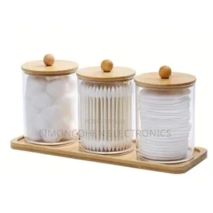 3pcs Set Acrylic Swab Storage Organizer With Bamboo Holder