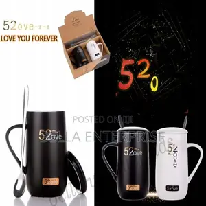 Set of Mugs With a Lid and a Spoon for a Young Couple and Two Parents