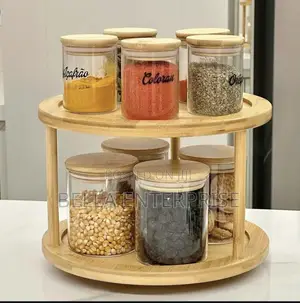 Available 2 Tier Bamboo Turn Tabletop Rotating Spice Rack