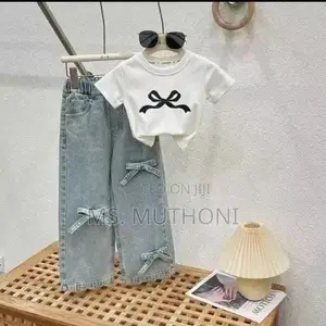 2 Pc Bow Appliques Girls Denim Sets