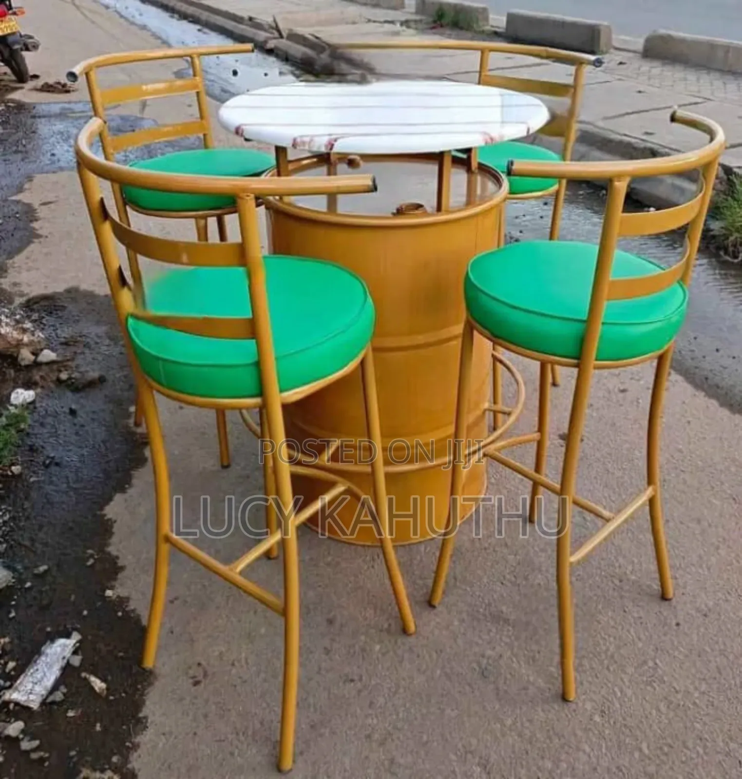 Gold Drum Marble Top Table With Flat Chairs