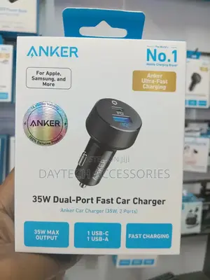An Anker Powerdrive Pd+ 2 35w Dual-Port Fast Car Charger.