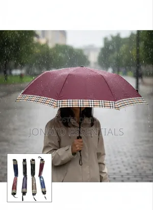 Folding Umbrella With Checkered Trim - Compact Rain Sun Protection