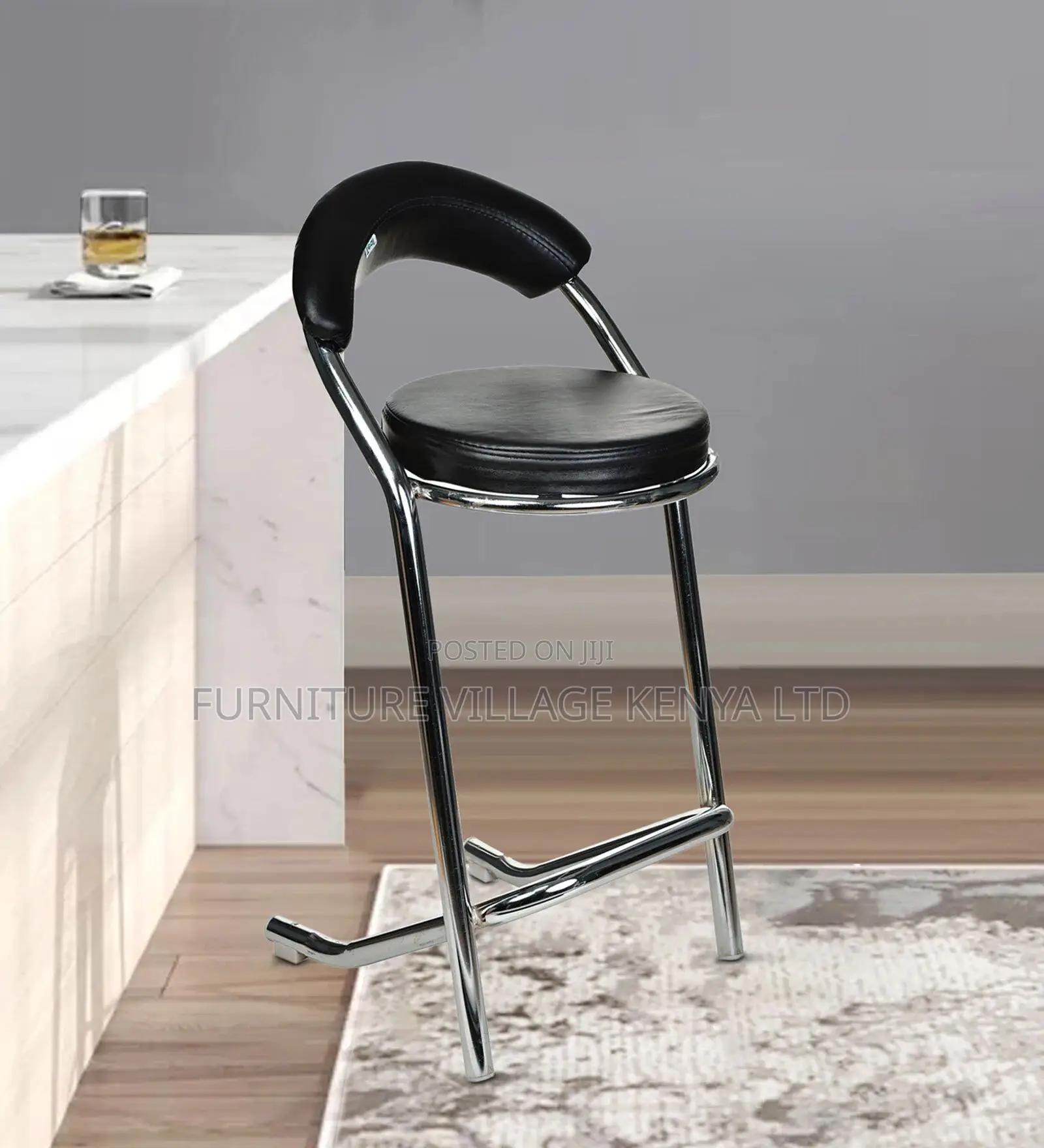 Bar Stool; Black Leather Kitchen Bar Stool