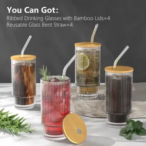 4 Set Glass Smoothie Cups With Bamboo Lid and Straw