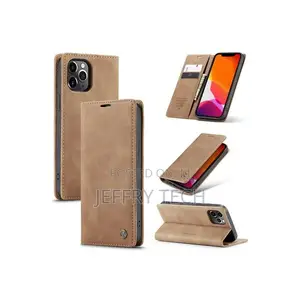 Simik Caseme Brown Leather Wallet Flip Case for iPhone 12 Pro