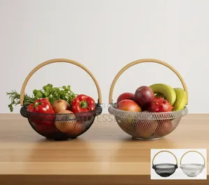 Modern Mesh Fruit Basket With Wooden Handle - 29cm Round Organiser