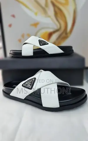 Prada Saffiano Leather Crisscross Slides, Size 40-46