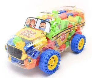 Back to School Colorfulbuilding Blocks Toy in Bus-Shaped Container.