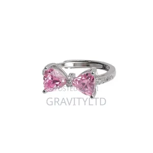 Elegant Adjustable Italian Silver Bow Ring With Pink Zircon Stones