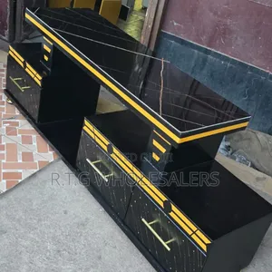 5‐Ft Executive Black/White Tv Console With Gold Accents Marble